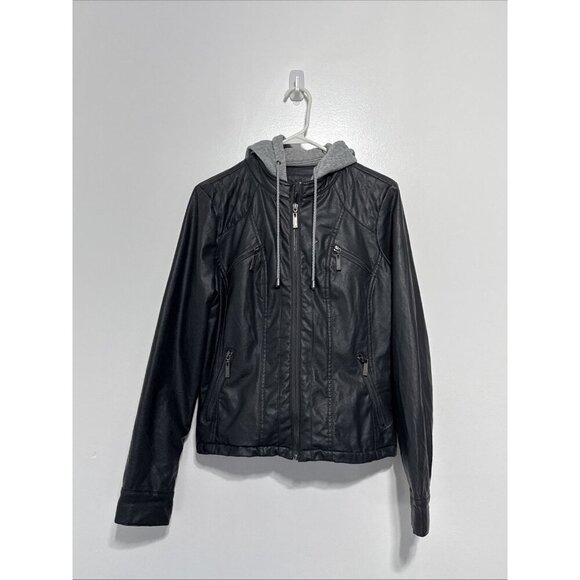 J2 Women's Gray Leather Jacket Faux Size L Detachable Hood Lining Warm - Picture 1 of 16